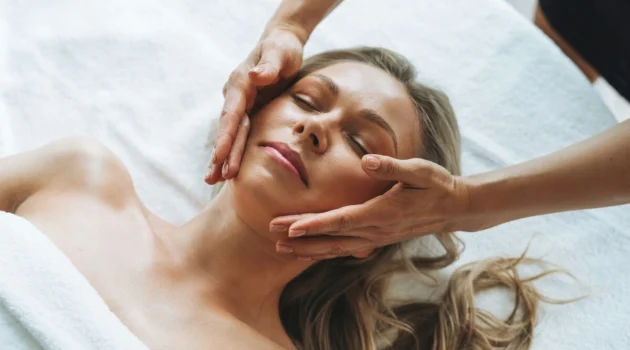 Femme détendue pendant un drainage lymphatique du visage, les mains du praticien glissant délicatement sur ses joues